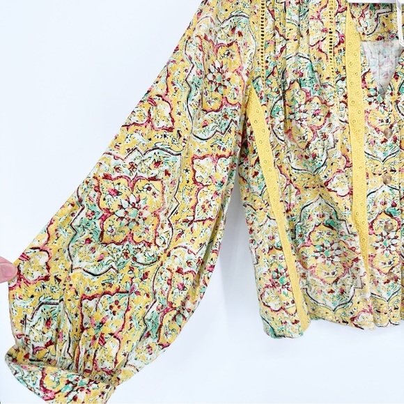 NWT Pilcro by Anthropologie Pintuck Peasant Blouse Yellow Floral Print XS - Picture 6 of 9